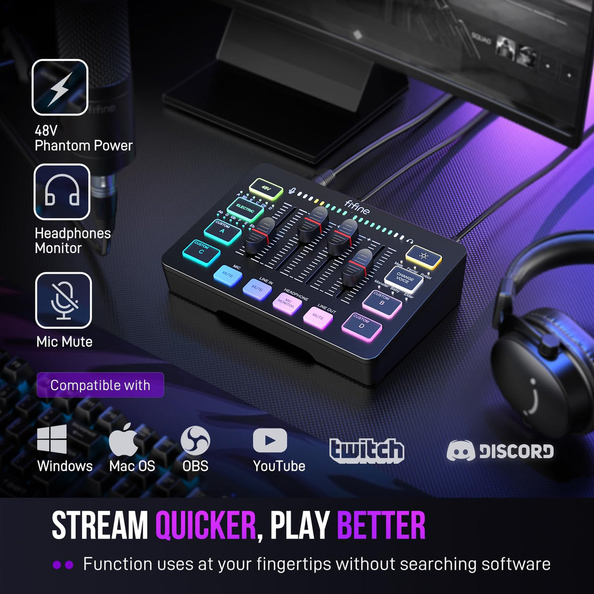 FIFINE AmpliGame DJ Mixers SC3 Black Gaming DJ Mixer Audio Recording DEMO