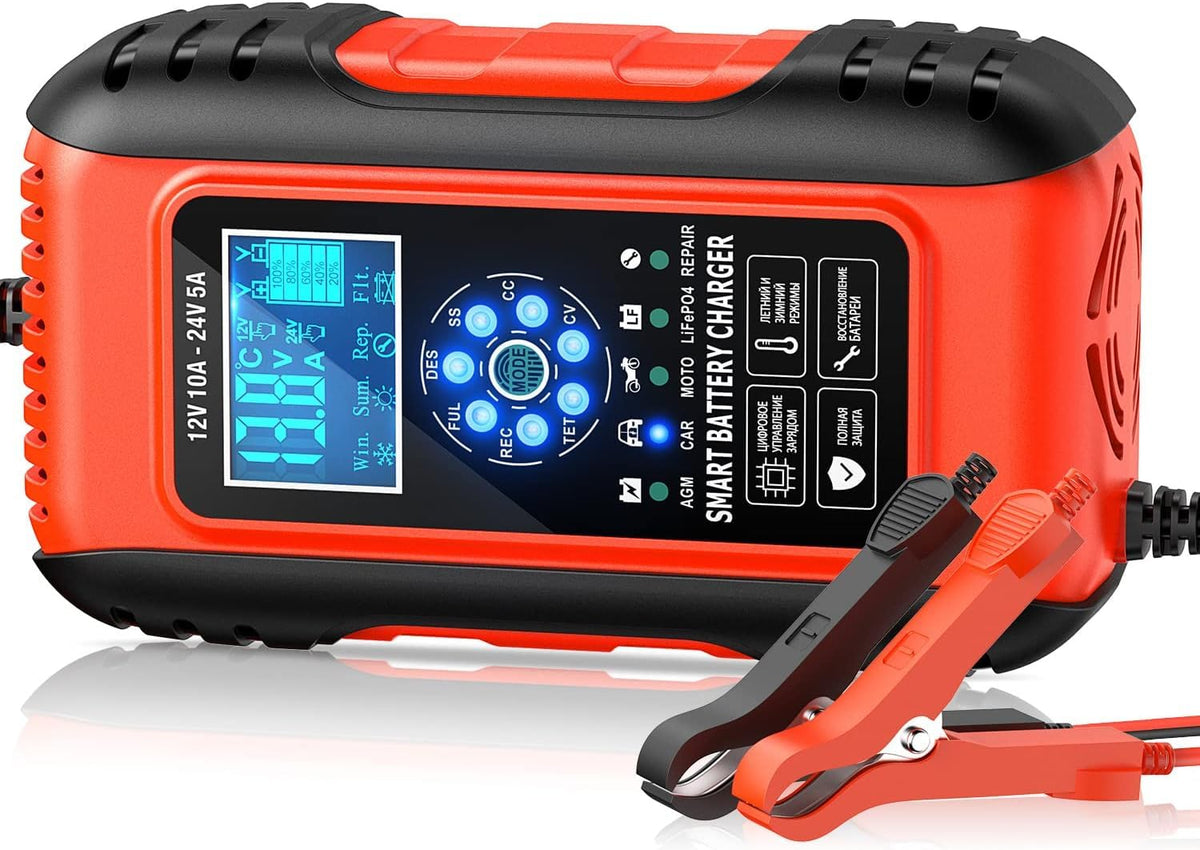 Husgw 10-Amp Smart Battery Charger 12V/24V Automotive Black Red DEMO