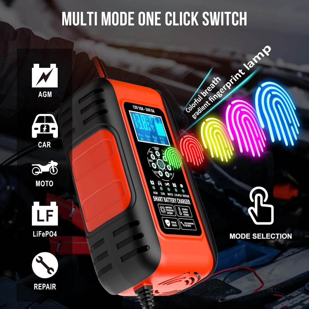 Husgw 10-Amp Smart Battery Charger 12V/24V Automotive Black Red DEMO