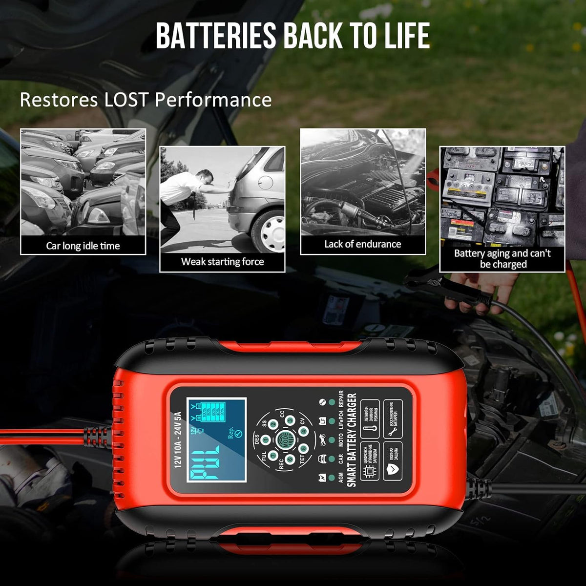 Husgw 10-Amp Smart Battery Charger 12V/24V Automotive Black Red DEMO