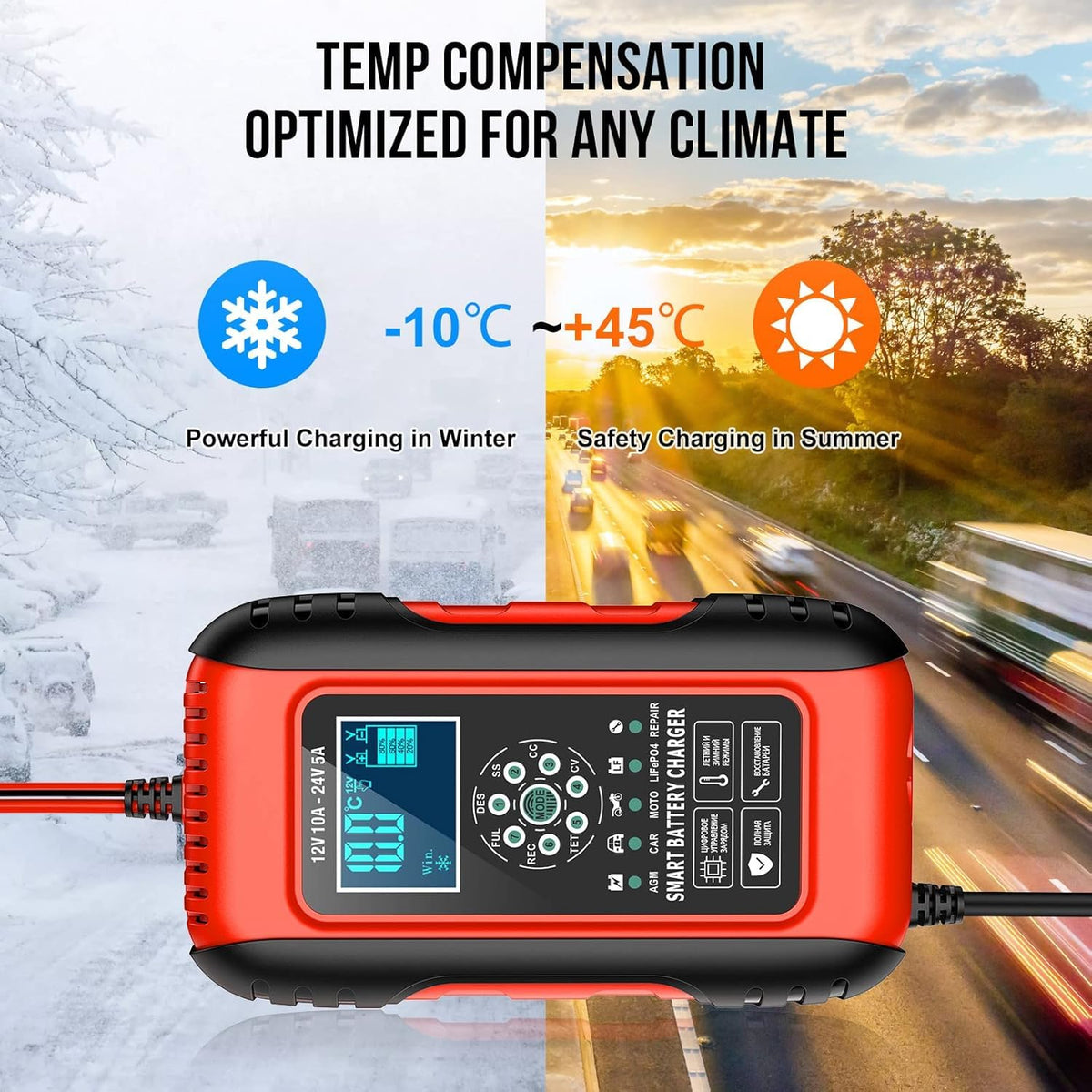 Husgw 10-Amp Smart Battery Charger 12V/24V Automotive Black Red DEMO