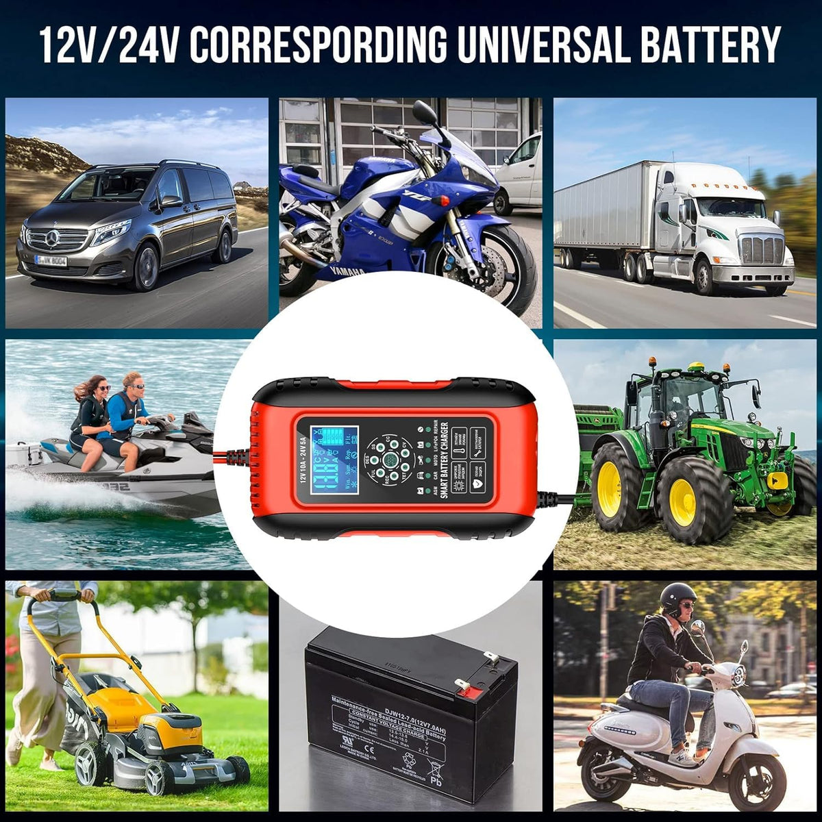 Husgw 10-Amp Smart Battery Charger 12V/24V Automotive Black Red DEMO