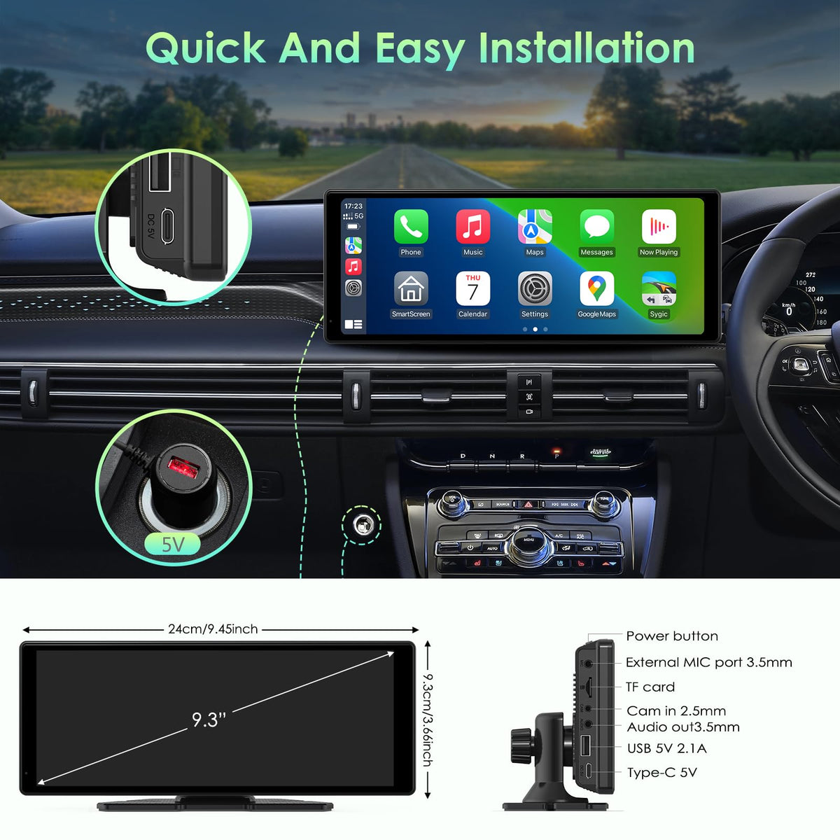 Aphqua 9.26" On-Dash-Monitoring Black Wireless CarPlay Android Auto Car DEMO