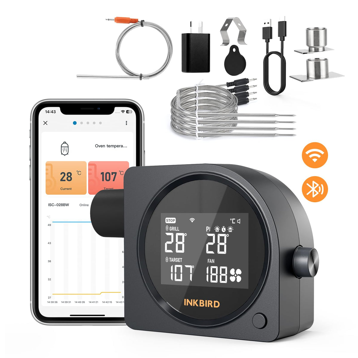 Inkbird WiFi Kitchen Thermometer Grill Probe Wireless Black NEW