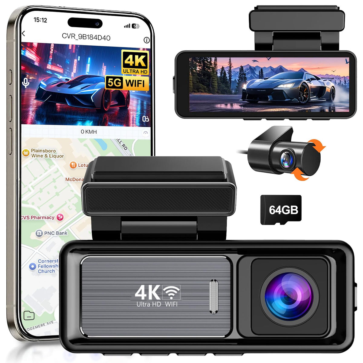 4K Dash On-Dash-Monitoring Cam Front Rear WiFi GPS 3.2" IPS Screen Black DEMO