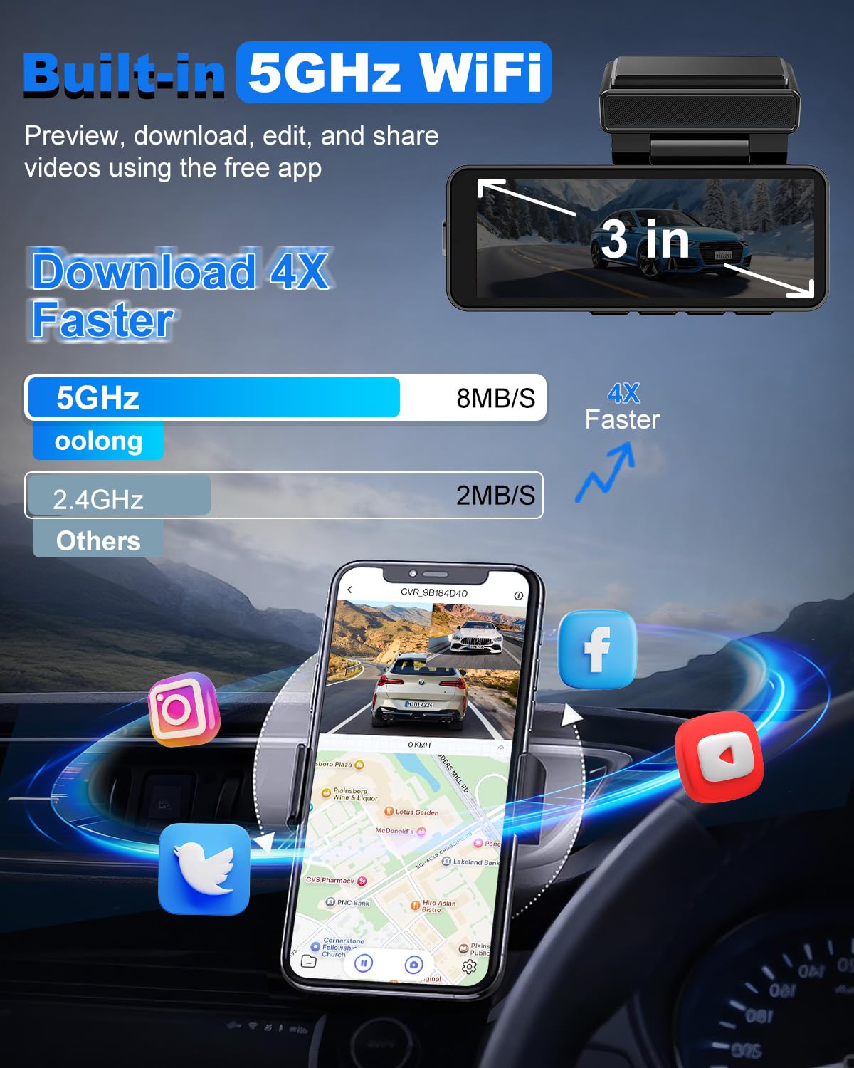 4K Dash On-Dash-Monitoring Cam Front Rear WiFi GPS 3.2" IPS Screen Black DEMO