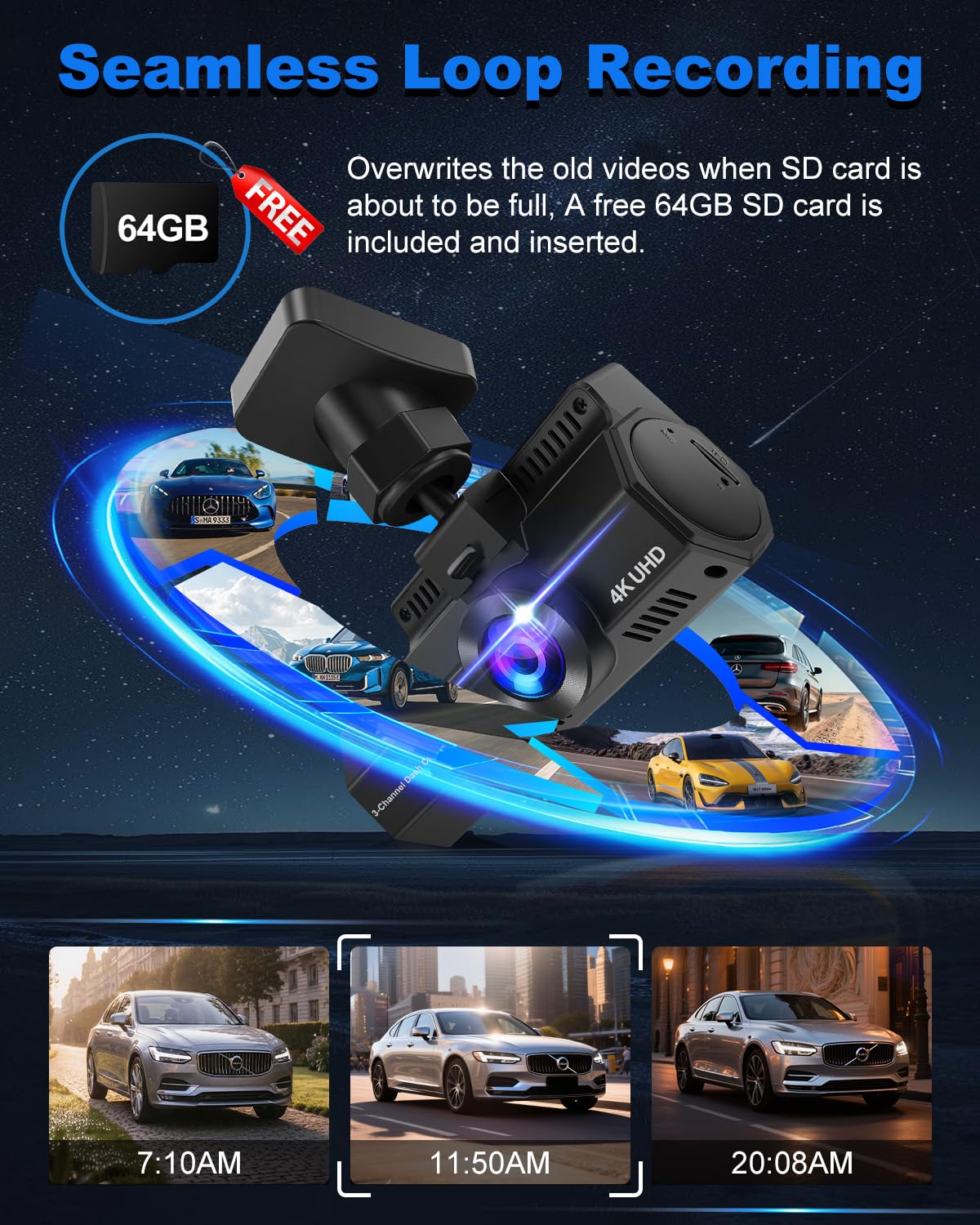 4K Dash On-Dash-Monitoring Cam Front Rear WiFi GPS 3.2" IPS Screen Black DEMO