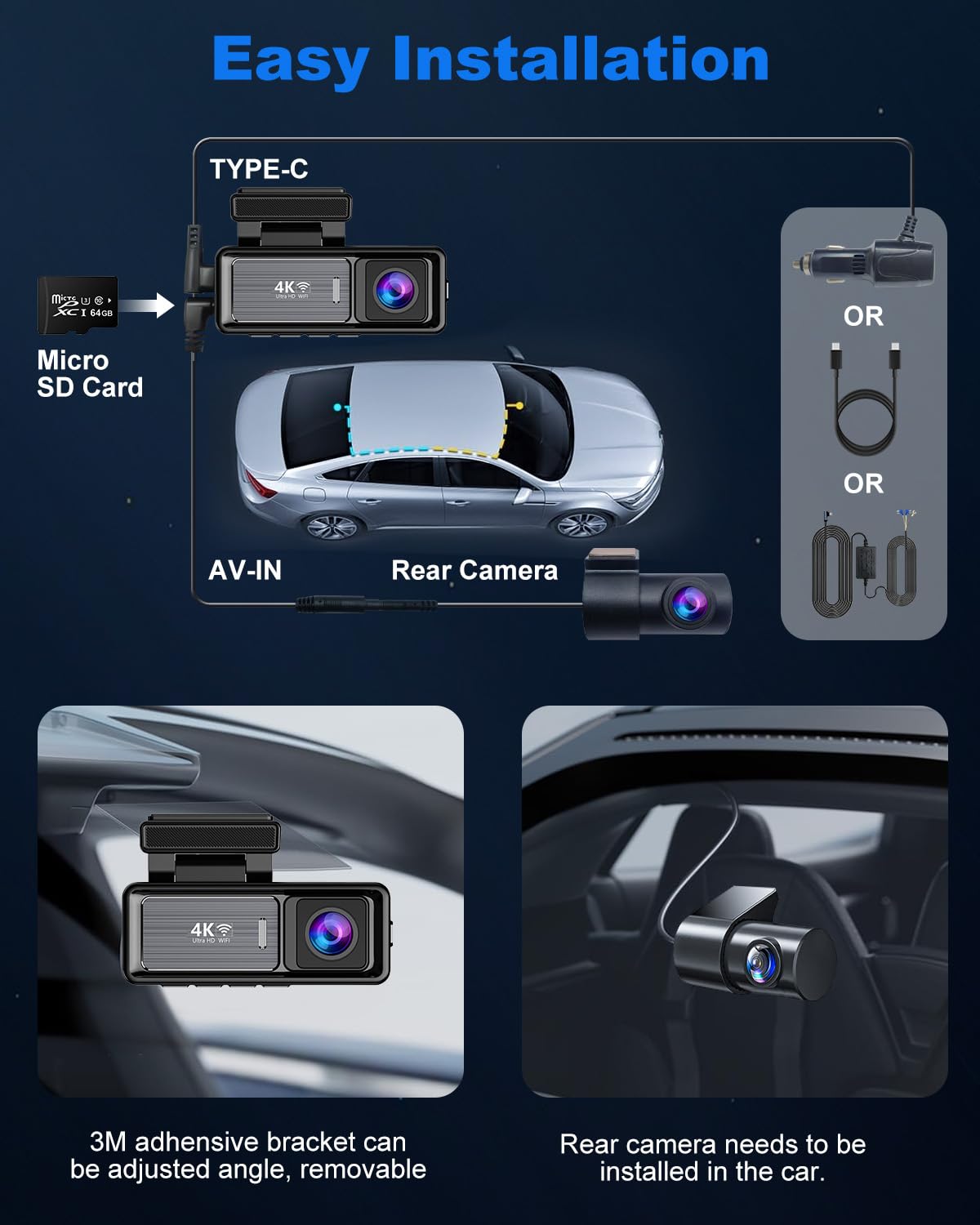 4K Dash On-Dash-Monitoring Cam Front Rear WiFi GPS 3.2" IPS Screen Black DEMO