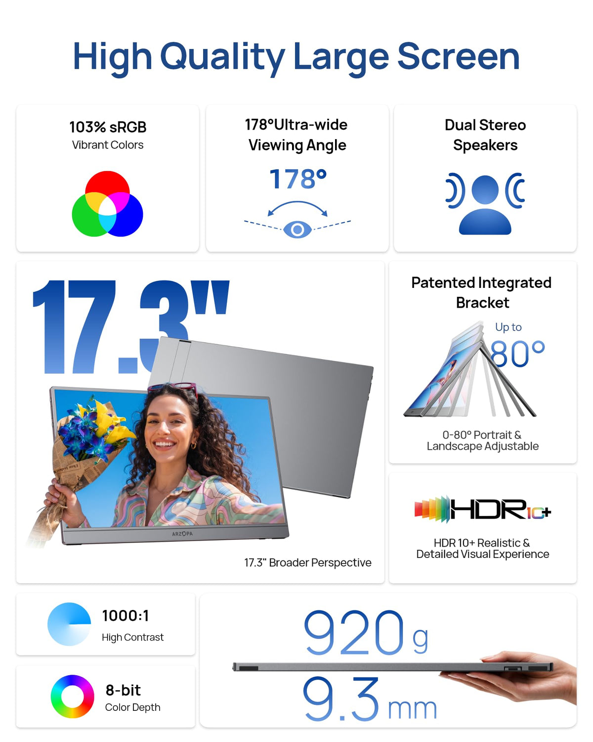 ARZOPA 17.3" Monitors Portable Monitor 1080P FHD IPS Gaming Silver Gray DEMO