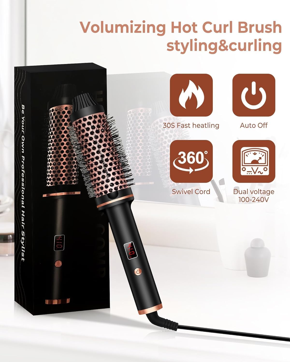 Thermal Hot Air Styler Brush 38mm LCD Display Ceramic Black Gold NEW