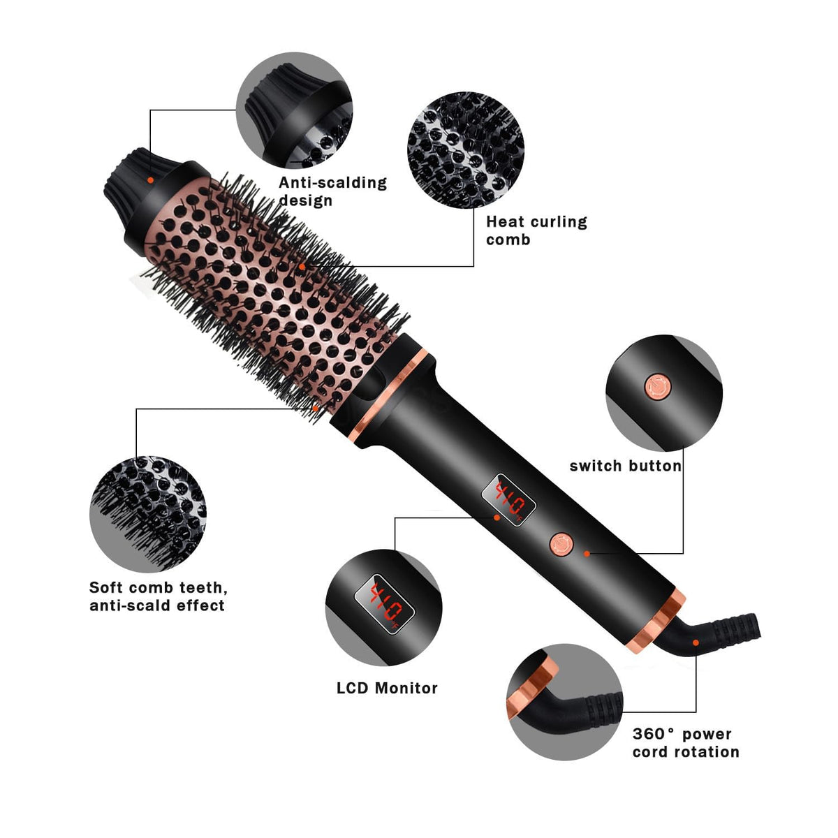 Thermal Hot Air Styler Brush 38mm LCD Display Ceramic Black Gold NEW