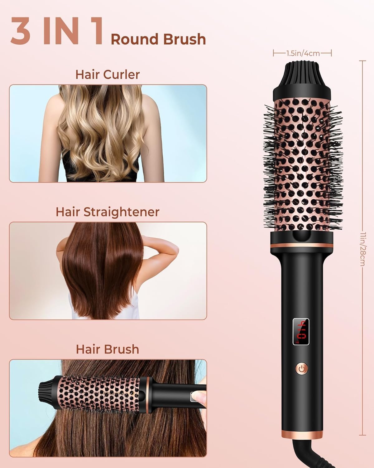 Thermal Hot Air Styler Brush 38mm LCD Display Ceramic Black Gold NEW