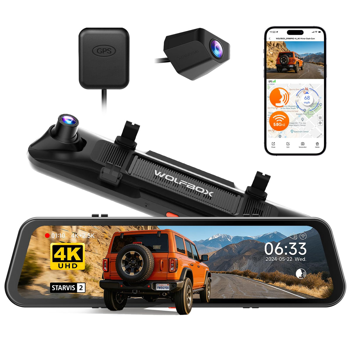 WOLFBOX G900 On-Dash-Monitoring 4K Mirror Dash Cam 12" Front and Rear DEMO