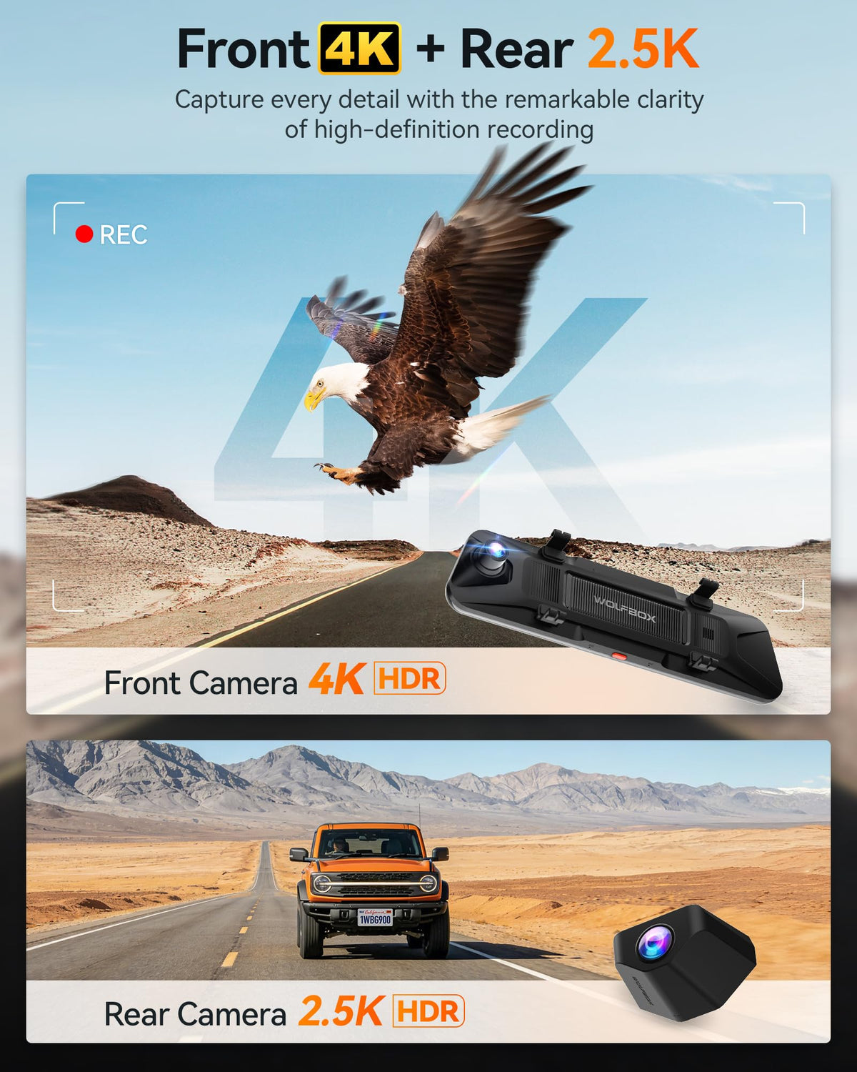 WOLFBOX G900 On-Dash-Monitoring 4K Mirror Dash Cam 12" Front and Rear DEMO