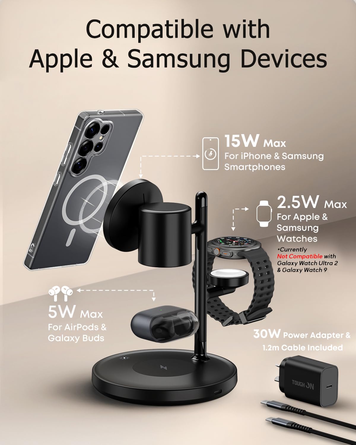 TOUGH ON MagMore 4 in 1 Wireless Charger Qi2 15W Fast Charging Black NEW