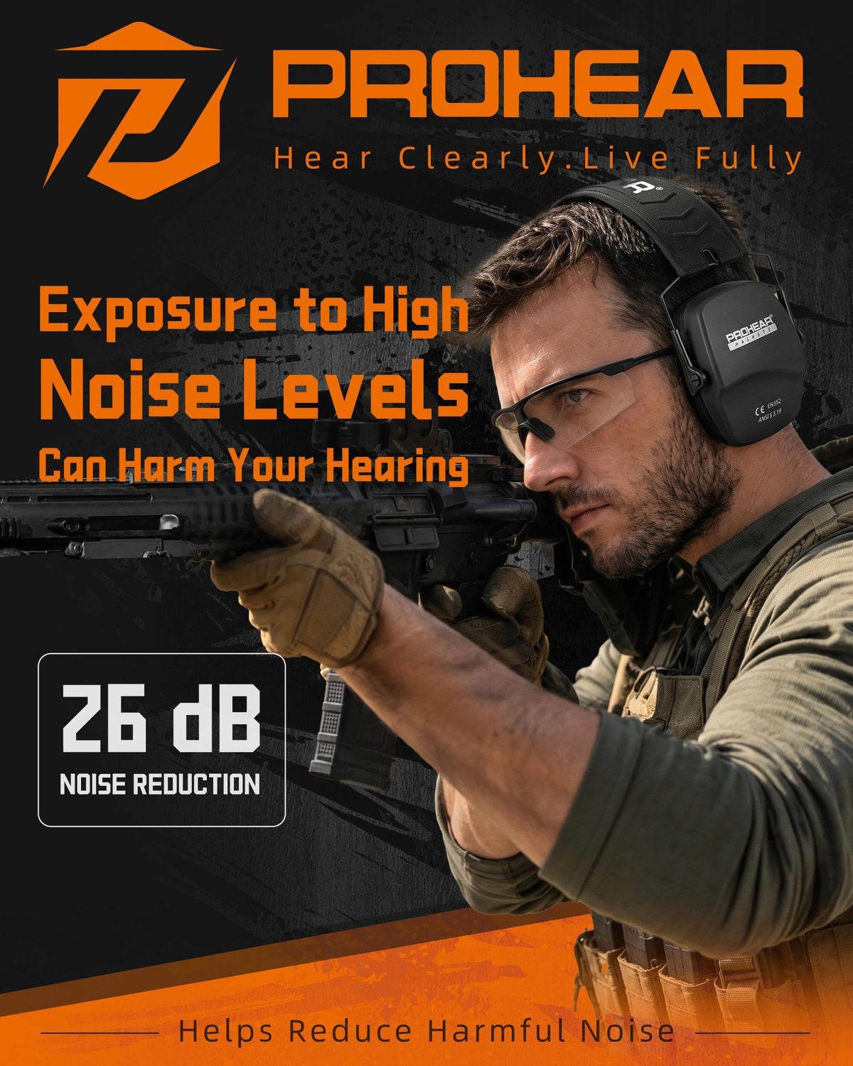 PROHEAR 016 Black Safety Earmuffs NRR 26dB Ear Protection Gear Size NEW