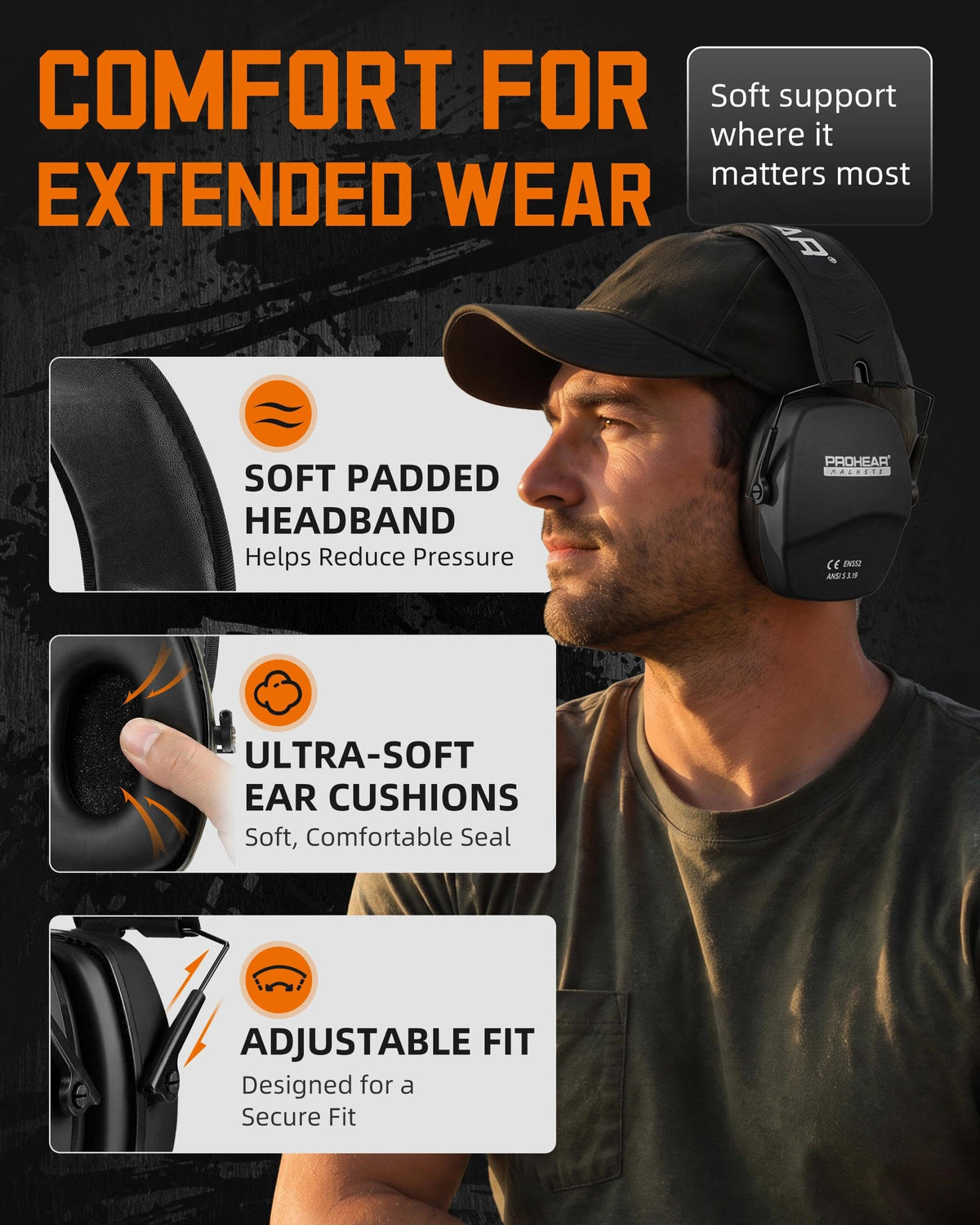 PROHEAR 016 Black Safety Earmuffs NRR 26dB Ear Protection Gear Size NEW