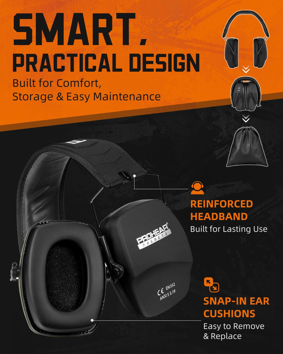 PROHEAR 016 Black Safety Earmuffs NRR 26dB Ear Protection Gear Size NEW