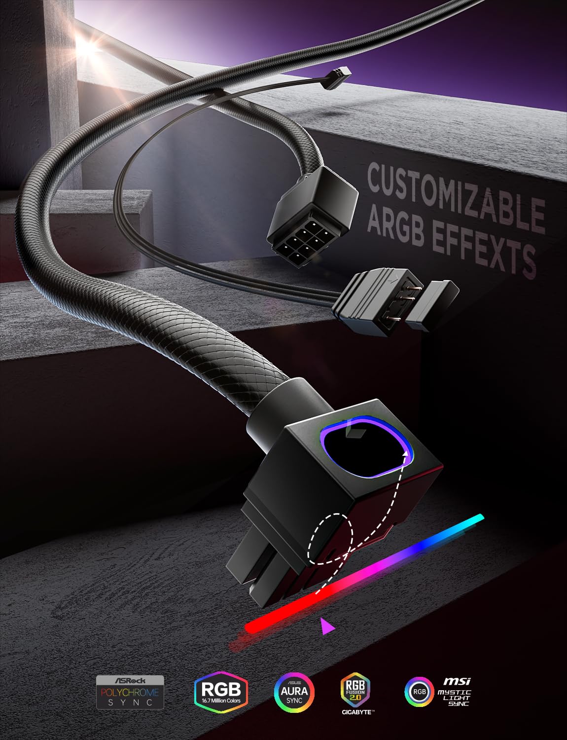 AsiaHorse Hydrus 8PIN GPU Extension Cable ARGB 90° Black Power NEW