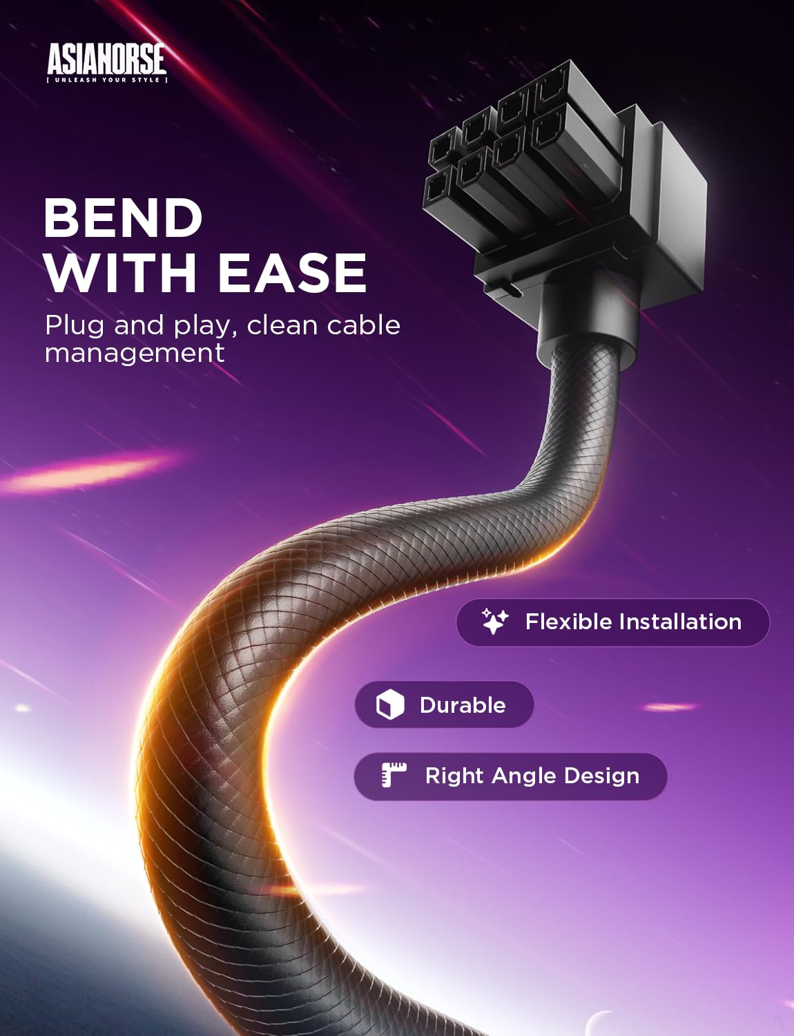 AsiaHorse Hydrus 8PIN GPU Extension Cable ARGB 90° Black Power NEW