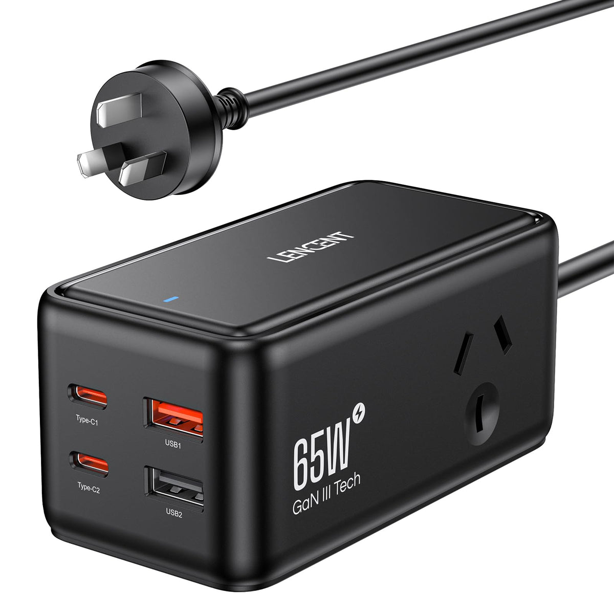 LENCENT Power Strip with USB PD 65W Fast Charging - Black NEW