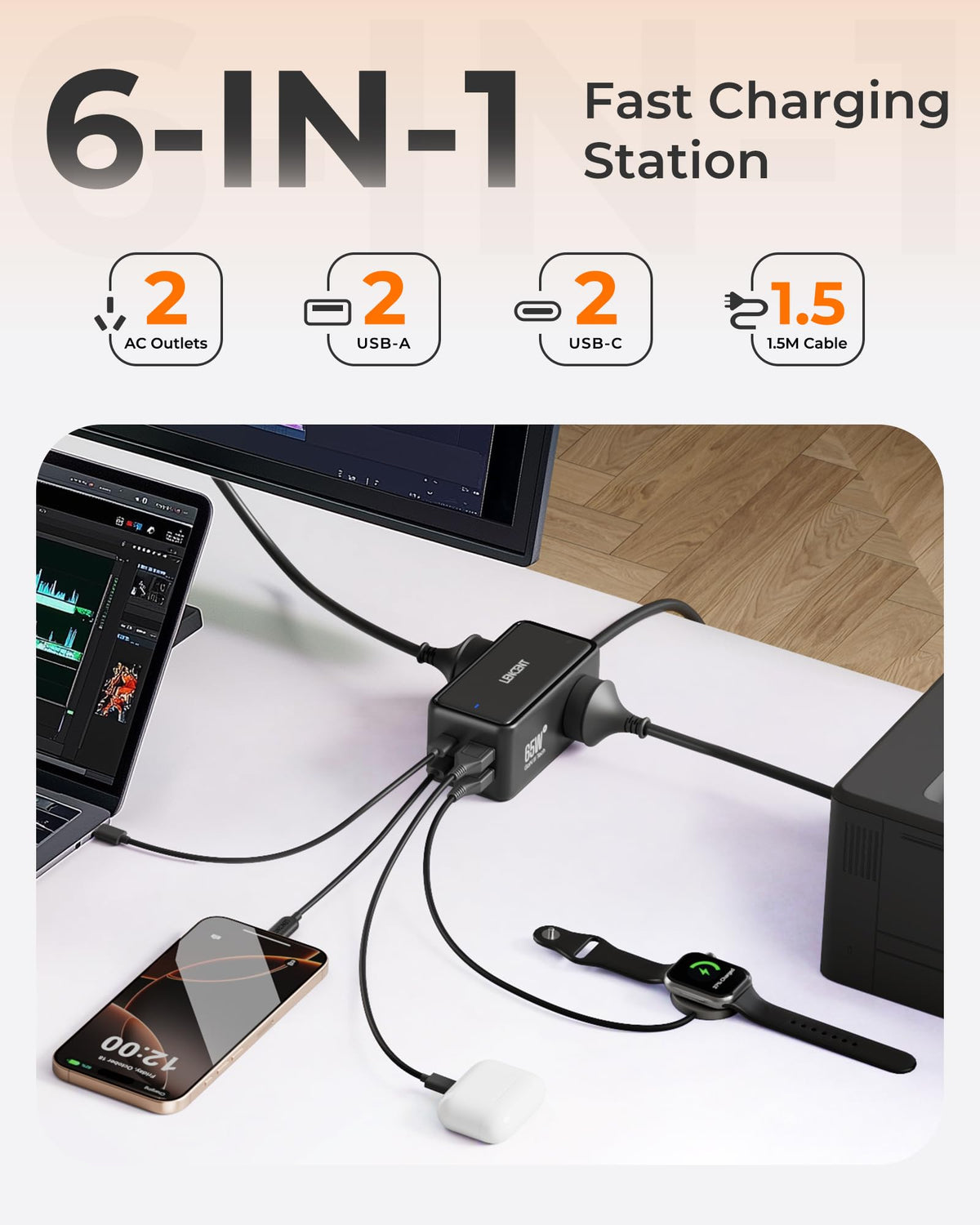 LENCENT Power Strip with USB PD 65W Fast Charging - Black NEW