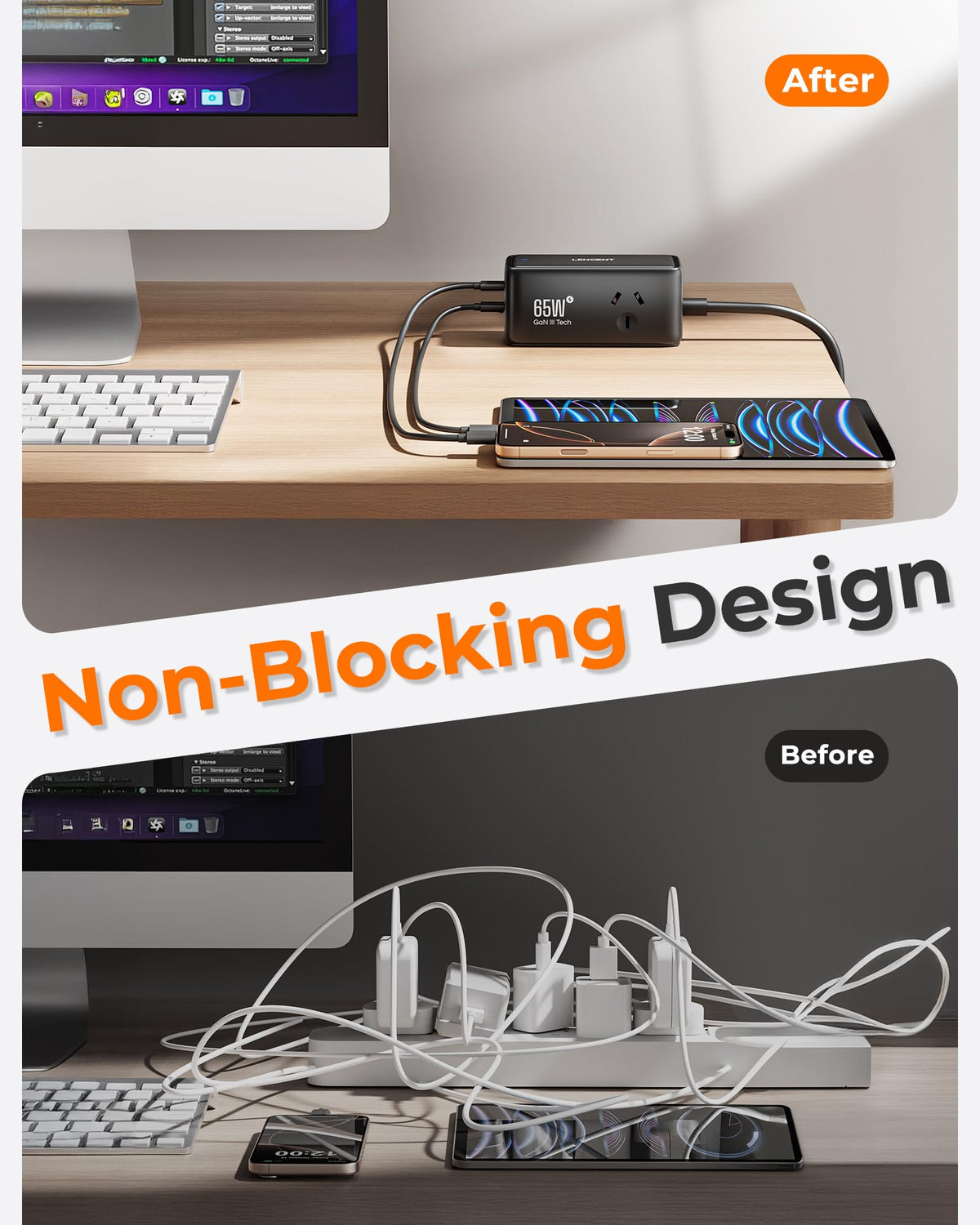 LENCENT Power Strip with USB PD 65W Fast Charging - Black NEW