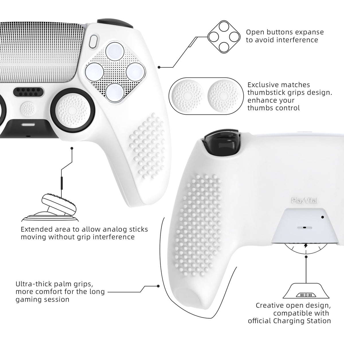 PlayVital PS5 Controller Silicone Skin Cover White 2 Pack Set NEW