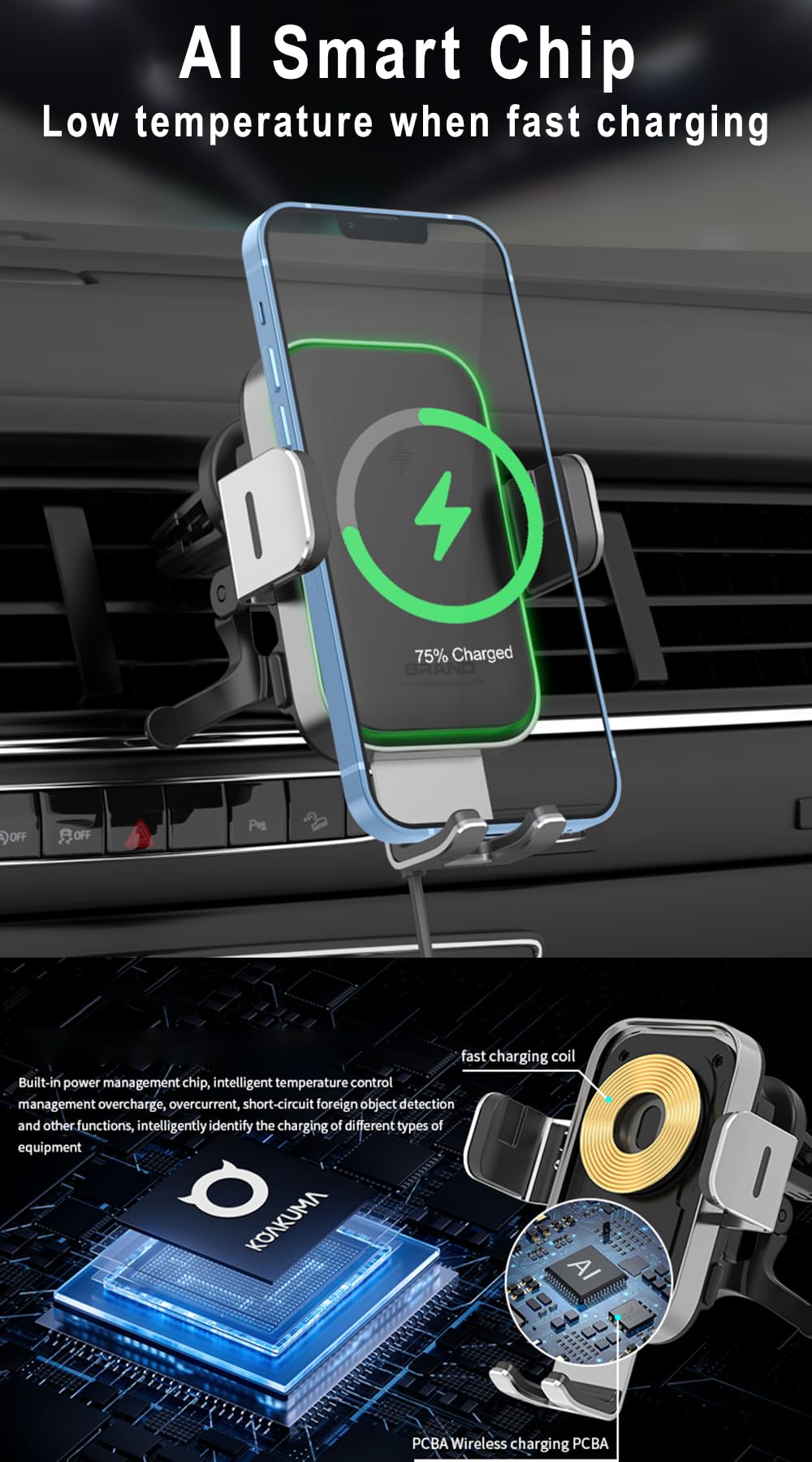 Wireless Car Automobile Chargers Charger 15W Fast Charging Qi Compatible DEMO