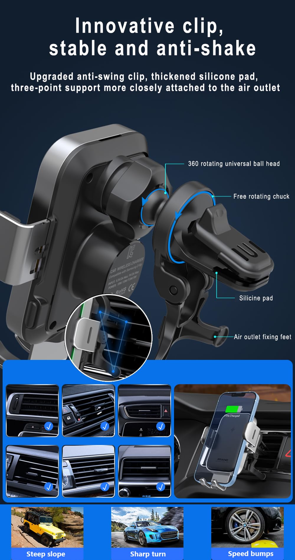 Wireless Car Automobile Chargers Charger 15W Fast Charging Qi Compatible DEMO