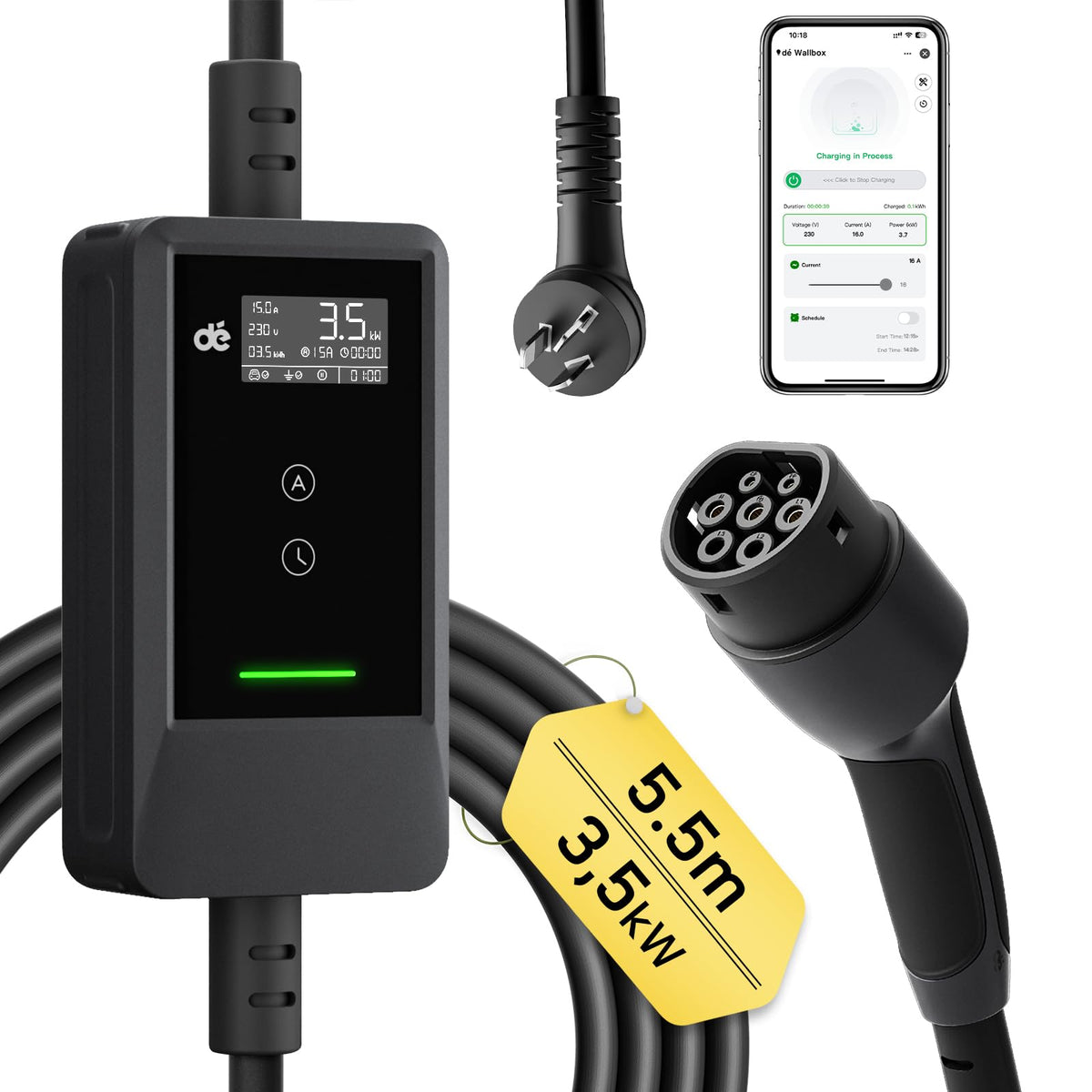 dé EV Charger Type 2 Portable 3.7kW 5.5M Cable Black NEW