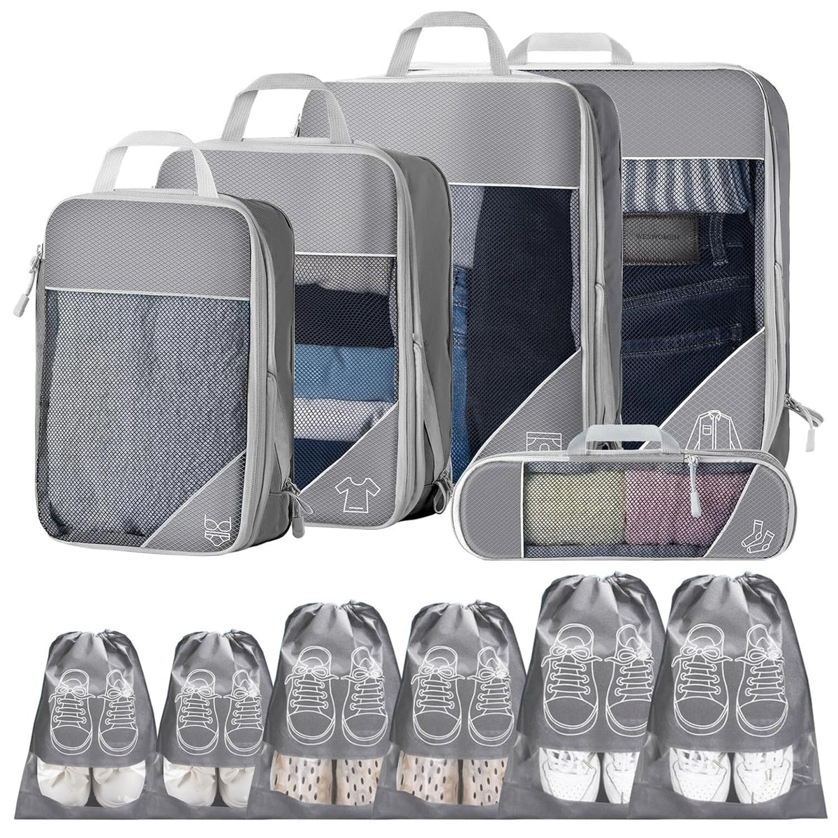 Grey Compression Packing Cubes Travel Organiser Set - 11 Pieces NEW