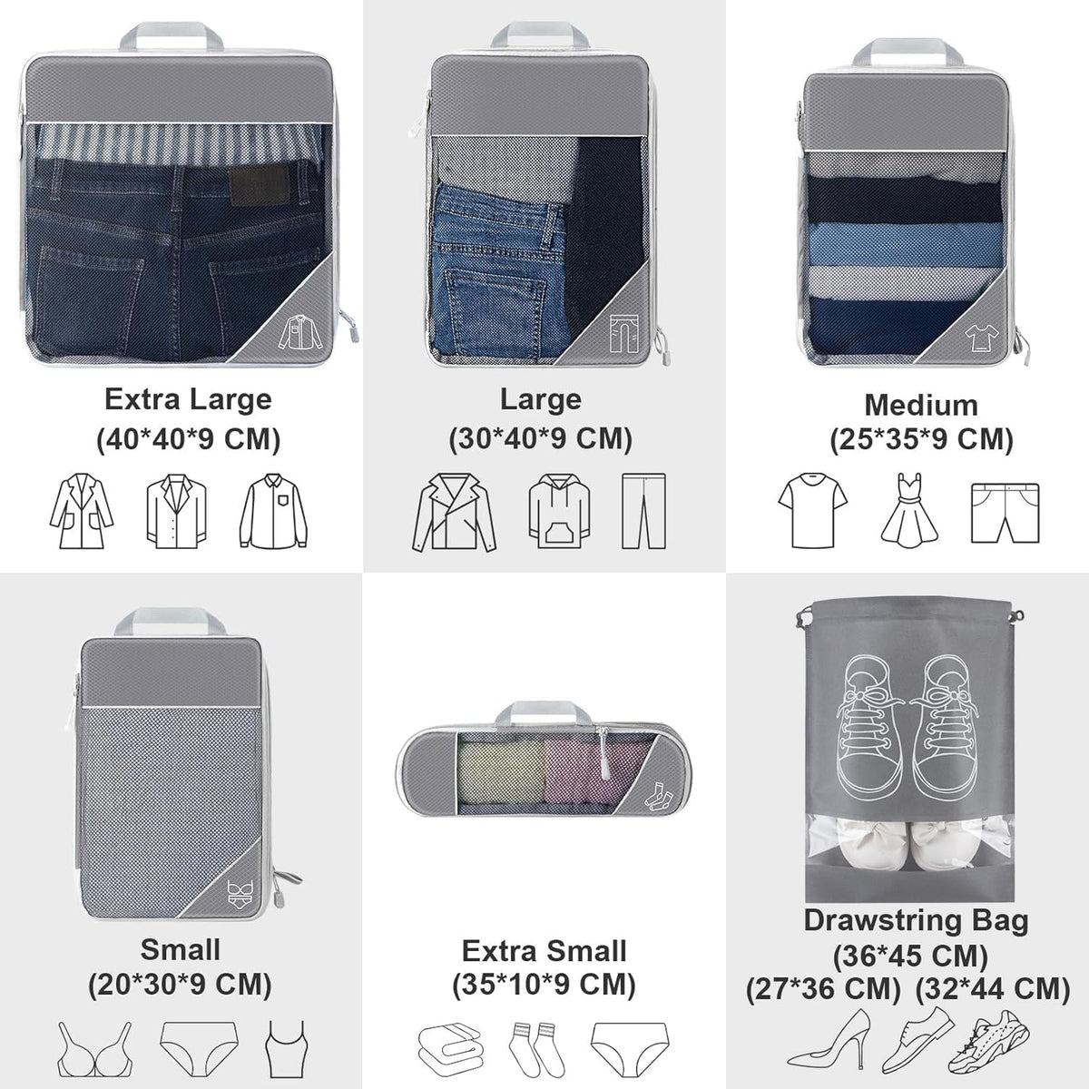 Grey Compression Packing Cubes Travel Organiser Set - 11 Pieces NEW