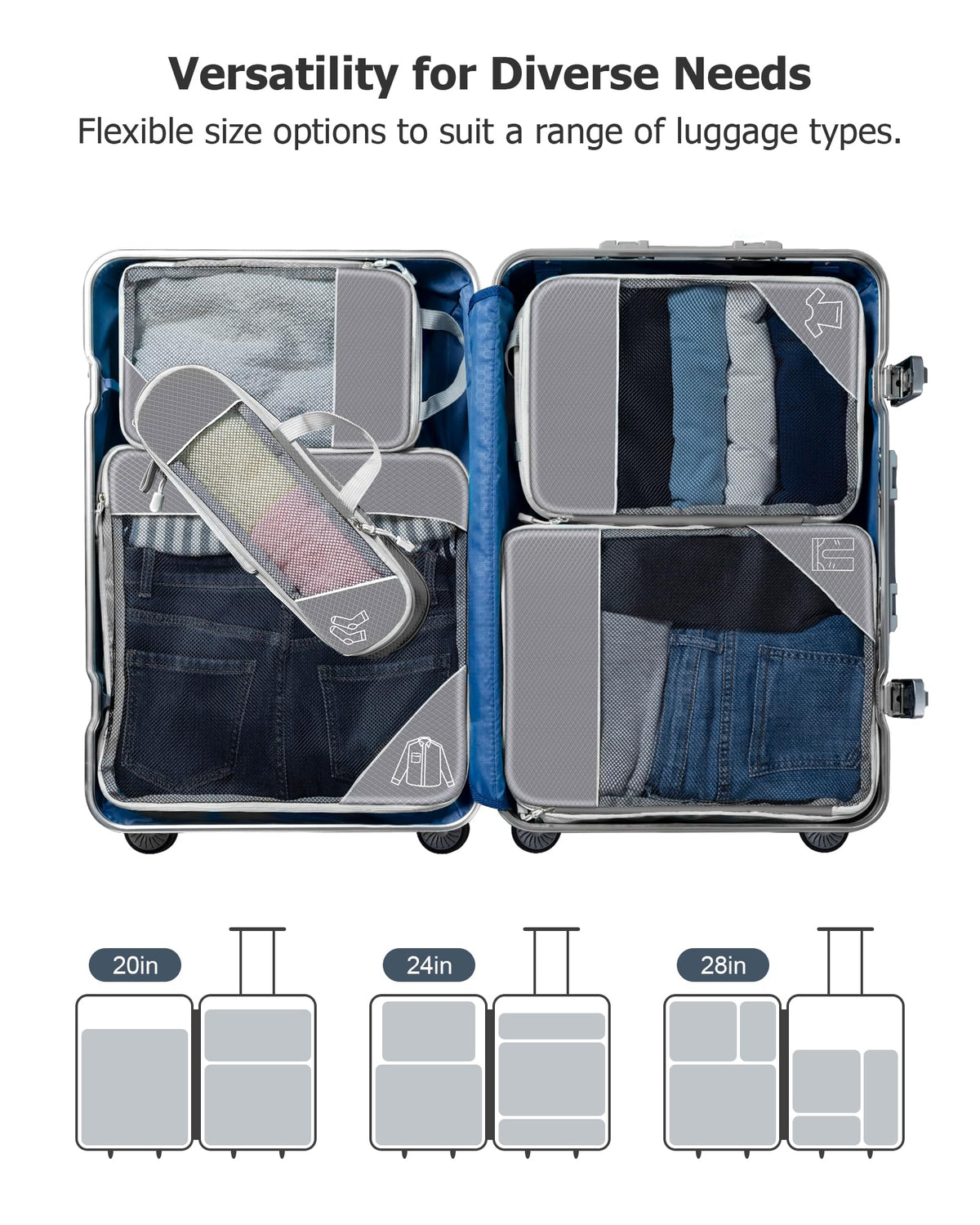 Grey Compression Packing Cubes Travel Organiser Set - 11 Pieces NEW