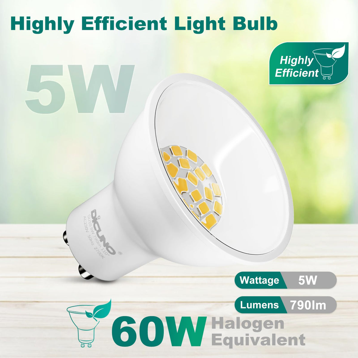 DiCUNO GU10 LED Bulbs Warm White 2700K Dimmable 5W 790LM DEMO