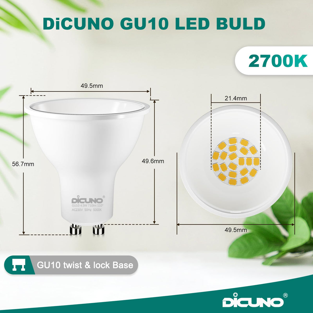 DiCUNO GU10 LED Bulbs Warm White 2700K Dimmable 5W 790LM DEMO