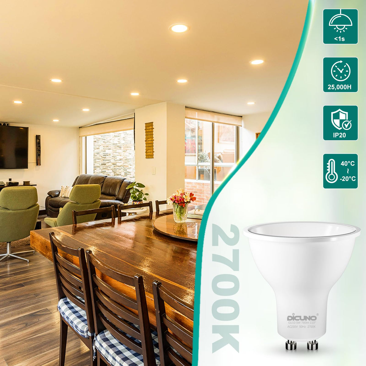 DiCUNO GU10 LED Bulbs Warm White 2700K Dimmable 5W 790LM DEMO
