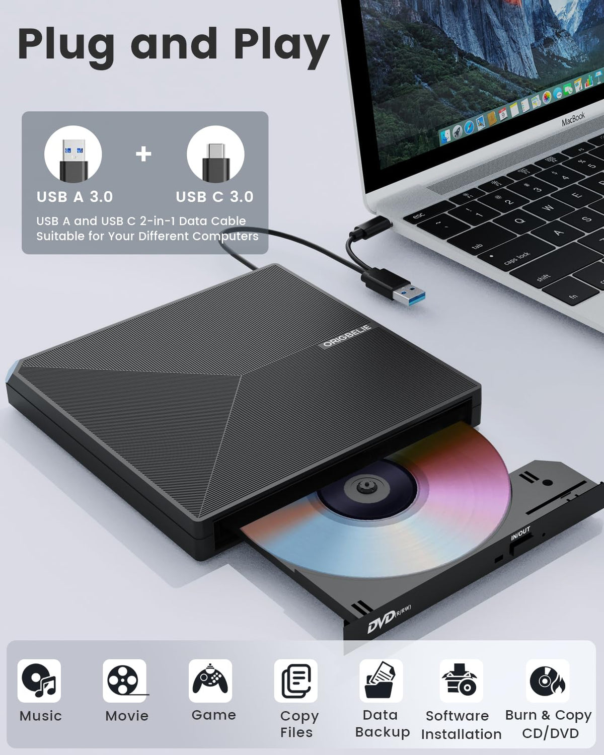 ORIGBELIE External CD DVD Drive USB 3.0 Type C Portable - Black DEMO