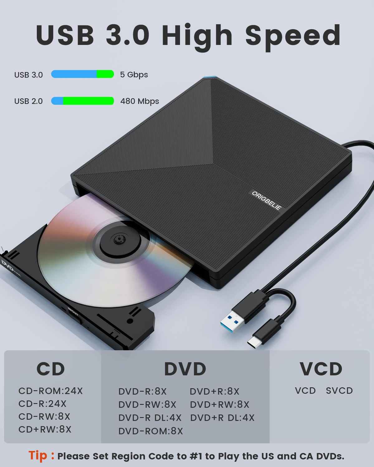 ORIGBELIE External CD DVD Drive USB 3.0 Type C Portable - Black DEMO
