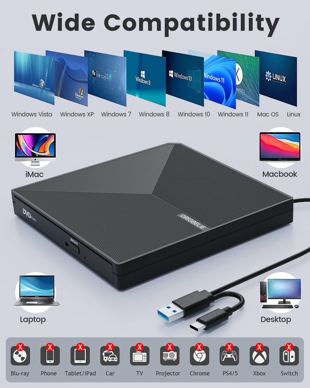 ORIGBELIE External CD DVD Drive USB 3.0 Type C Portable - Black DEMO