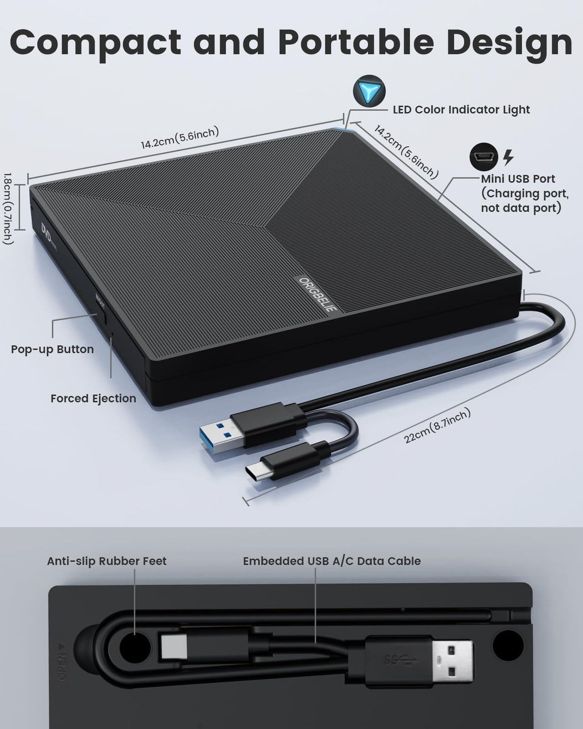ORIGBELIE External CD DVD Drive USB 3.0 Type C Portable - Black DEMO