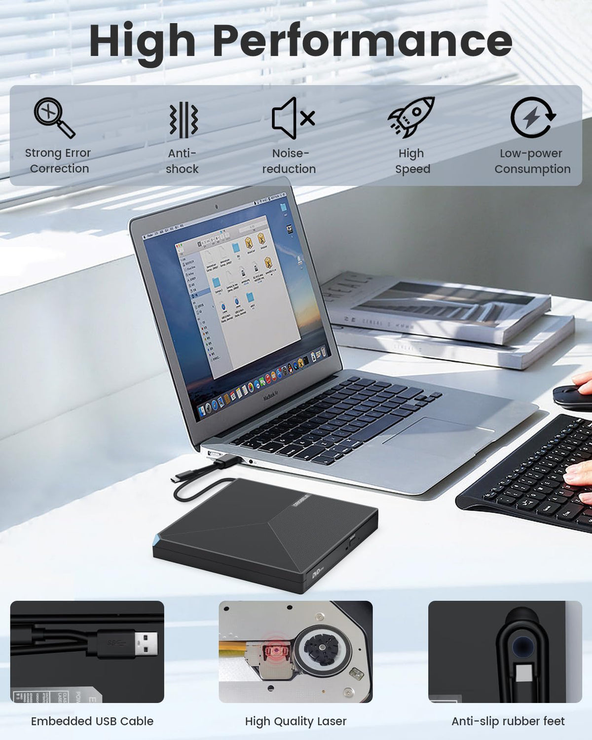 ORIGBELIE External CD DVD Drive USB 3.0 Type C Portable - Black DEMO
