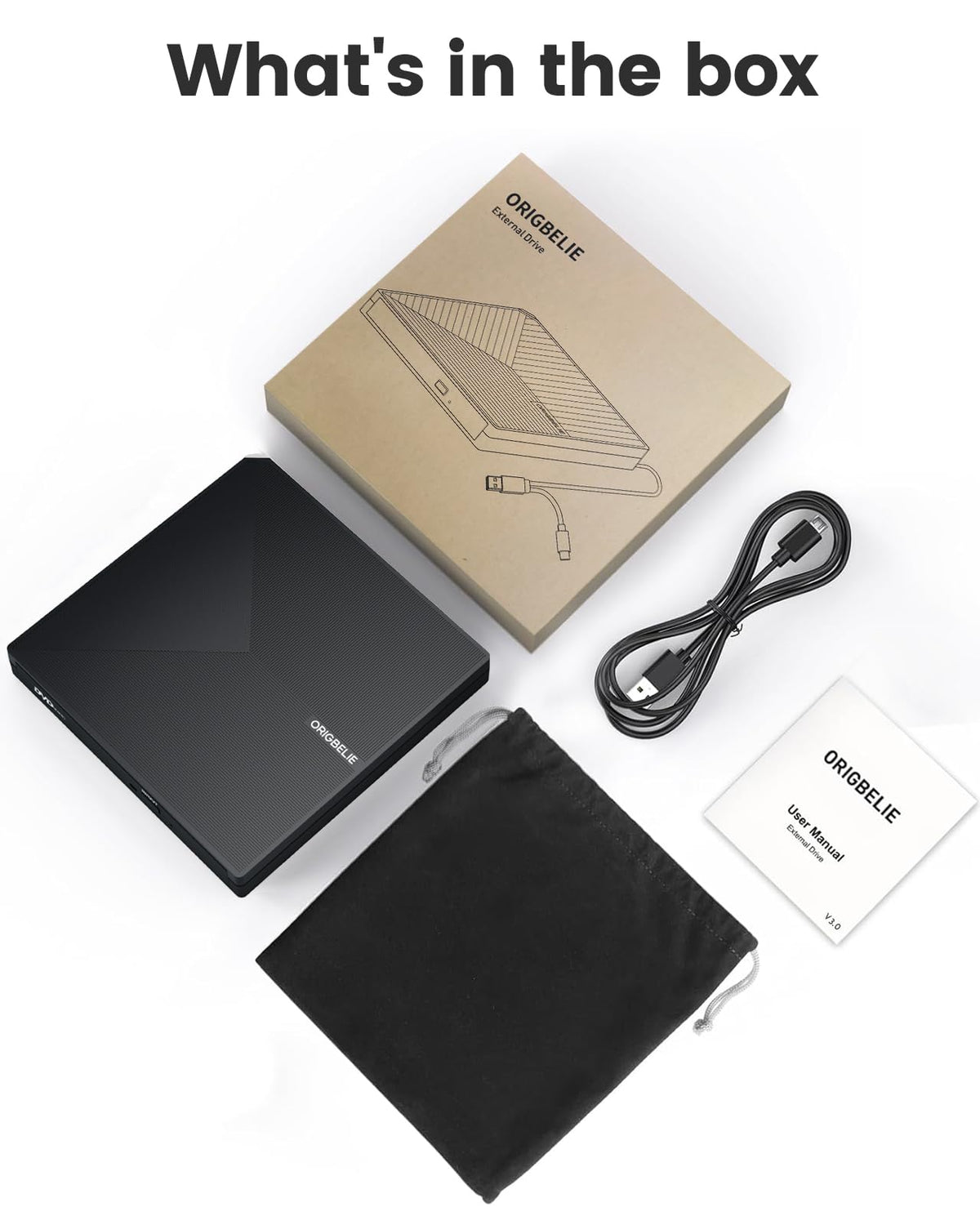 ORIGBELIE External CD DVD Drive USB 3.0 Type C Portable - Black DEMO