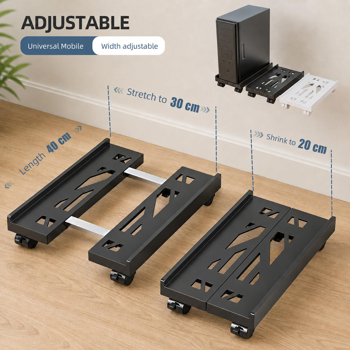 Black Adjustable Computer Tower Stand with Rolling Casters Cart DEMO