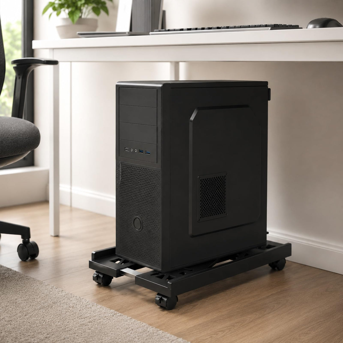 Black Adjustable Computer Tower Stand with Rolling Casters Cart DEMO
