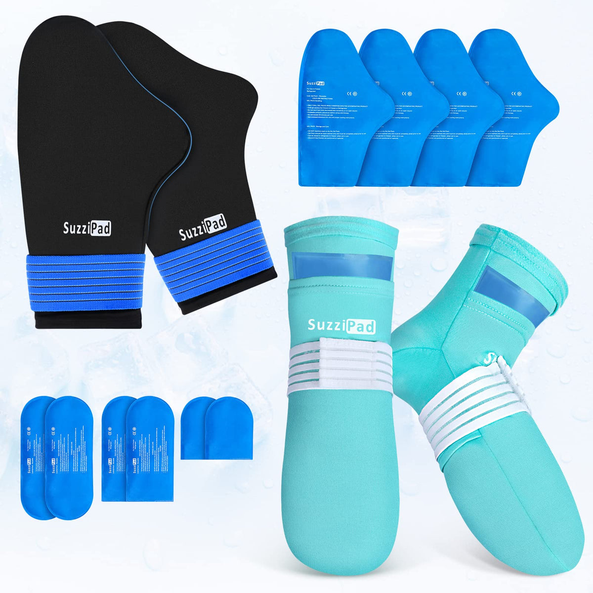 SuzziPad Cold Therapy Gloves Socks Gel Pack Aqua Black Size L NEW