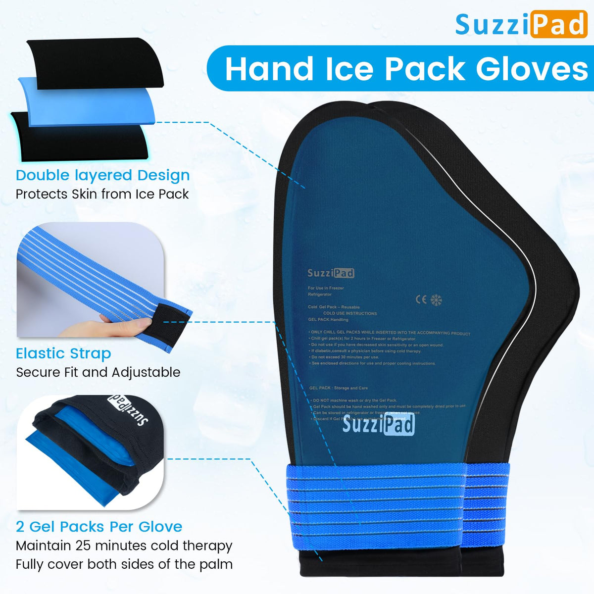 SuzziPad Cold Therapy Gloves Socks Gel Pack Aqua Black Size L NEW