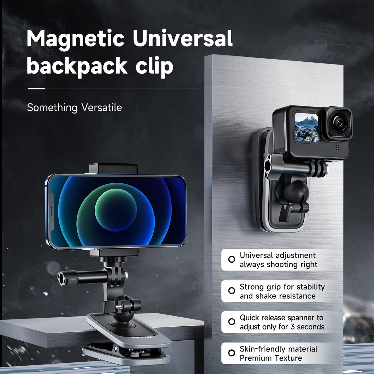 TELESIN Magnetic Mounts Swivel Clip Mount Phone Holder Backpack - Black NEW