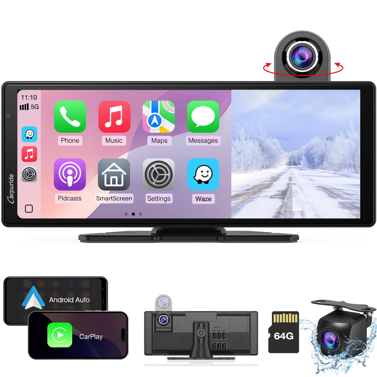 Carpuride W904 On-Dash-Monitoring 10.26" HD Dash Cam with Apple CarPlay - DEMO