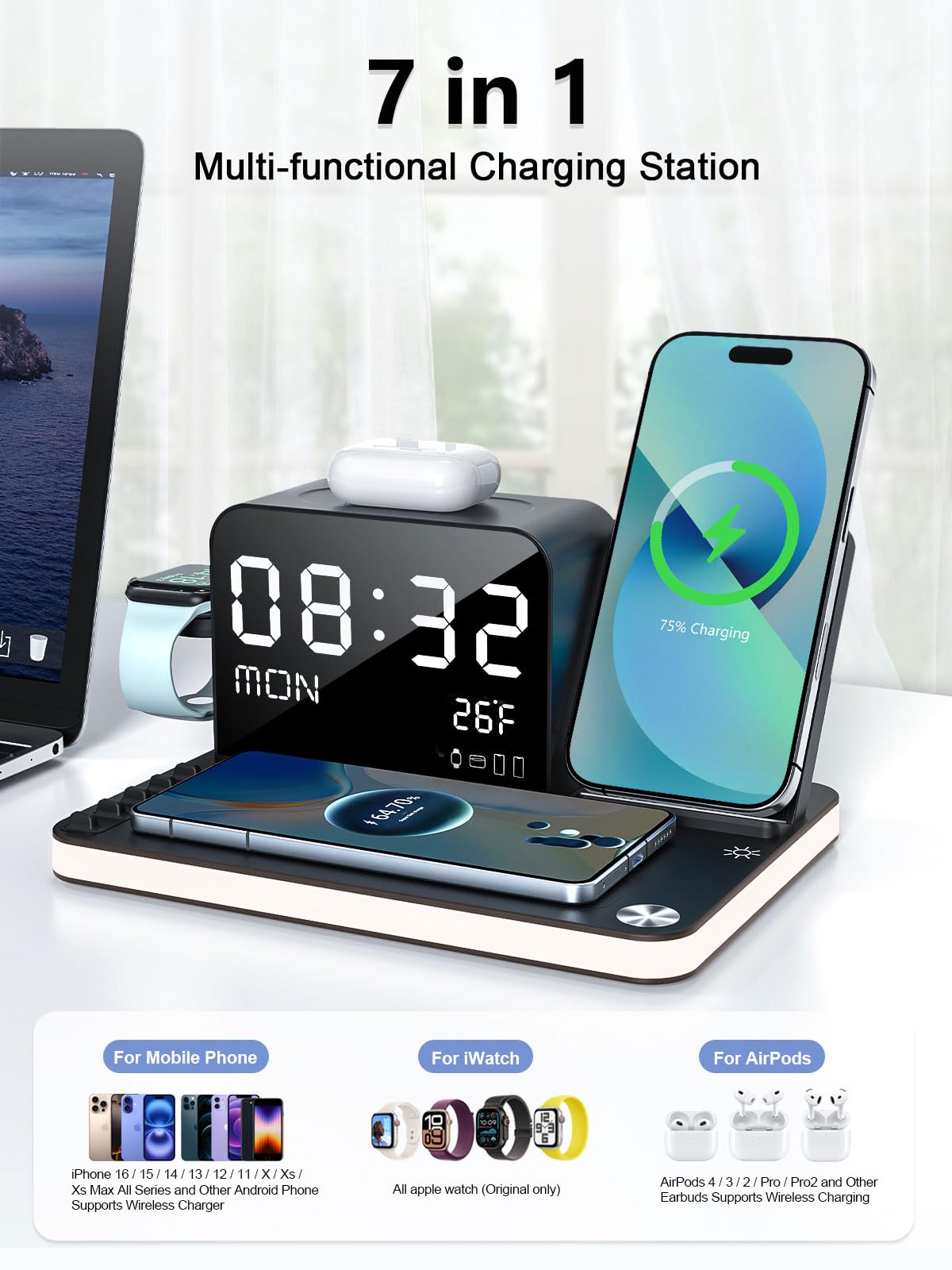 BLKE 7-in-1 Wireless Charging Station with Clock & Night Light Black DEMO